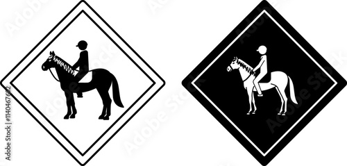 Horse Rider Road Signs. Black and White Vector Icons. Road Sign Warning about Crossing the Road Race Horse with Jockey. Sticker