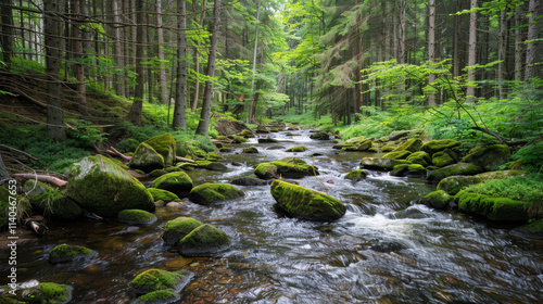 Peaceful Forest Stream with Dense Tree Surroundings
