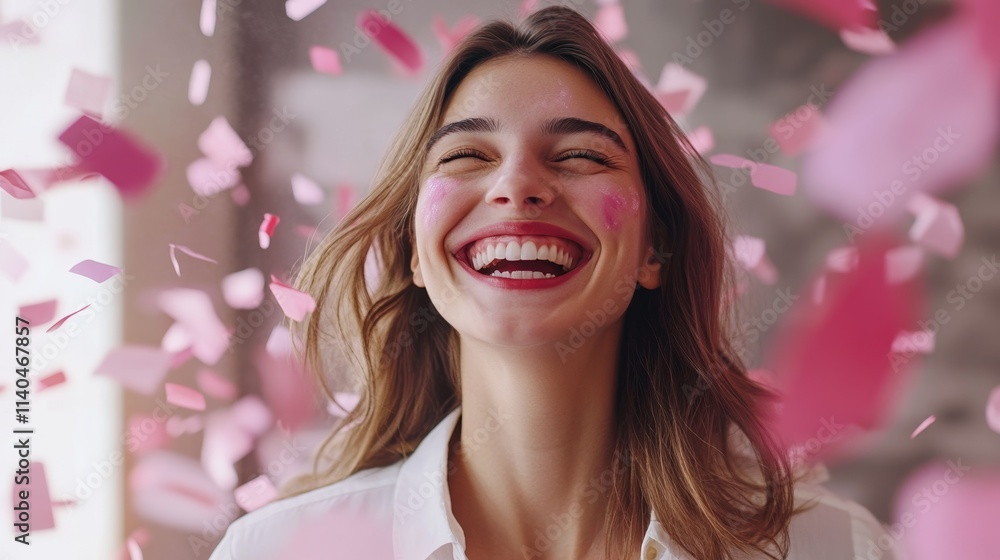 Happy Candid Young Woman Smiling With Outstretched Arms Against Blurred Festive Background Creating Joyful and Vibrant Scene Happy Candid Young Woman Smiling With Outstretched Arms Against Blurred Festive Background Creating Joyful and Vibrant Scene