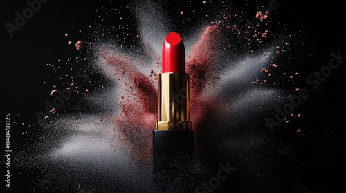 A red lipstick on a black background, surrounded by an explosion of matching powder texture. The lipstick has an elegant design with a gold accent  photo