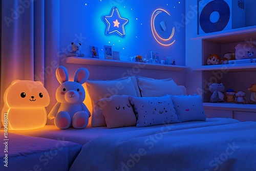 Cozy childrens bedroom with glowing neon lights and cute plush toys in a relaxing blue and orange ambiance : Generative AI photo