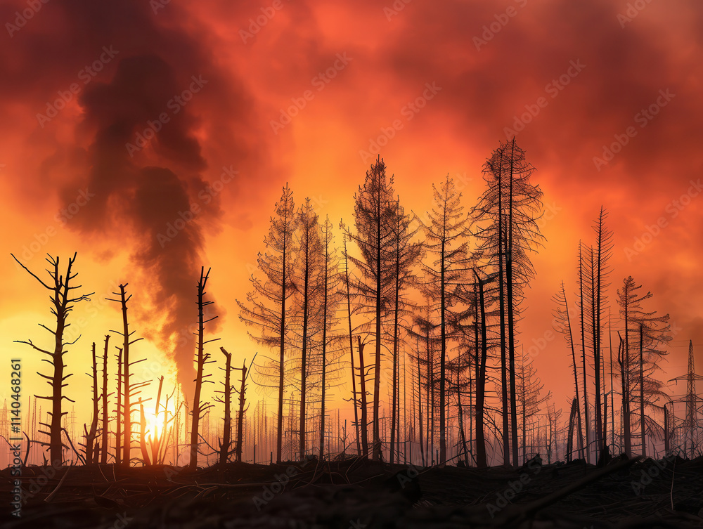 Fototapeta premium haunting view of forest reduced to skeletal trees against fiery sky