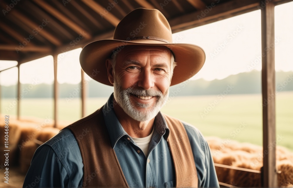 Smiling farmer stands in barn during golden hour with bales of hay in the background Smiling farmer stands in barn during golden hour with bales of hay in the background