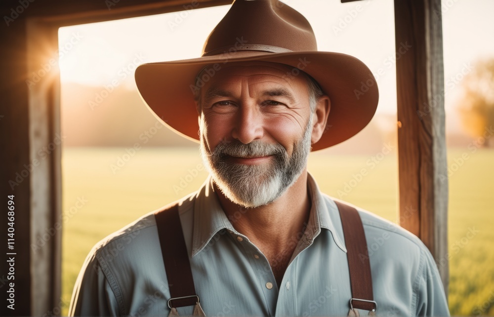Friendly farmer smiles at sunset while standing in a barn doorway surrounded by lush green fields Friendly farmer smiles at sunset while standing in a barn doorway surrounded by lush green fields