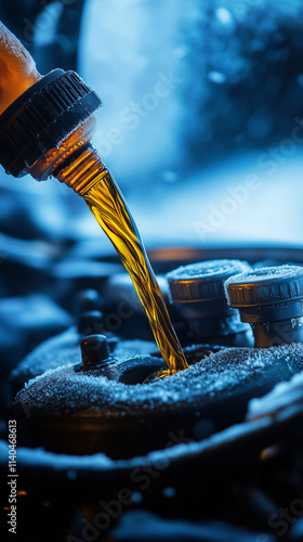 Pouring motor oil into car engine during winter