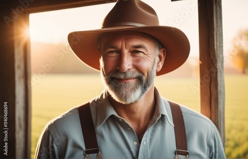 Friendly farmer smiles at sunset while standing in a barn doorway surrounded by lush green fields