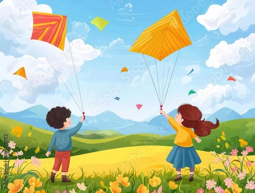 Wallpaper Mural Children flying kites in a field, colorful springtime setting, flat design illustration Torontodigital.ca