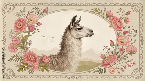 Vintage llama portrait surrounded by floral designs photo