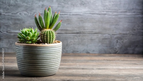 Striped small succulent with offshoot in grey ceramic pot photo