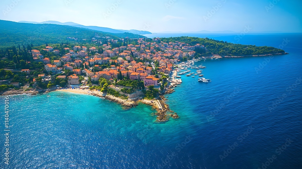 Coastal Town Aerial View: Sunny Day, Adriatic Sea. AI Generated Coastal Town Aerial View: Sunny Day, Adriatic Sea. AI Generated