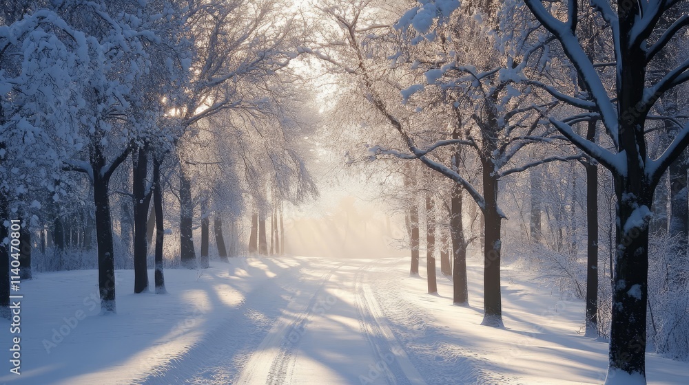 A serene winter scene with snow-covered trees and gentle sunlight filtering through. A serene winter scene with snow-covered trees and gentle sunlight filtering through.