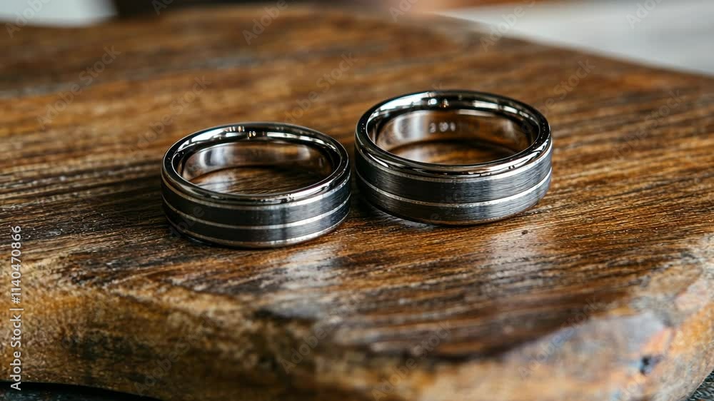 Unique wedding bands resting on a rustic wooden surface in a cozy indoor setting Unique wedding bands resting on a rustic wooden surface in a cozy indoor setting