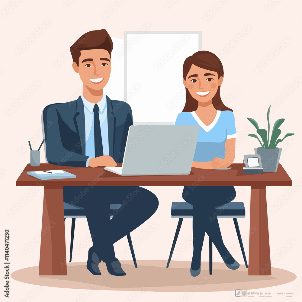 Collaborative Cartoon Businessman and Woman Working on Office Desk Illustration Collaborative Cartoon Businessman and Woman Working on Office Desk Illustration