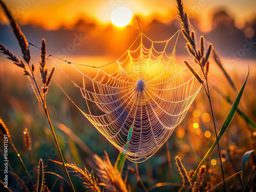 dew kissed spider web glistens in morning light, suspended between blades of grass. warm glow of sunrise creates magical atmosphere in serene landscape photo