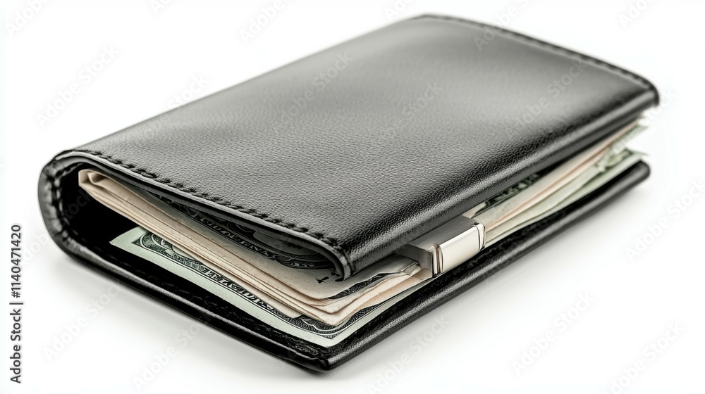 Black wallet with cash, white isolate background Black wallet with cash, white isolate background