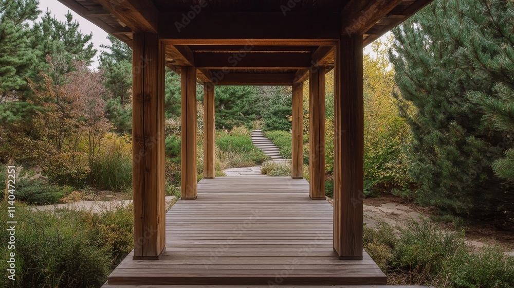 A wooden walkway leads through a serene garden, framed by lush greenery and natural beauty. A wooden walkway leads through a serene garden, framed by lush greenery and natural beauty.