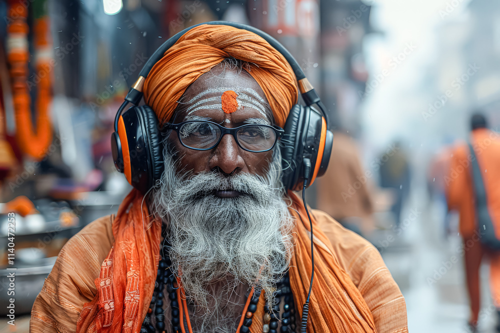 Obraz premium Man wearing headphones and a yellow face paint. He is wearing a yellow robe. He is sitting in a room