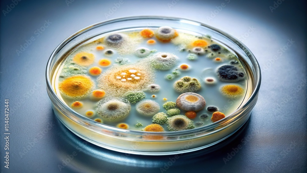 Study of mold and bacteria in a petri dish with red agar mold spores and fungal mycelium Study of mold and bacteria in a petri dish with red agar mold spores and fungal mycelium