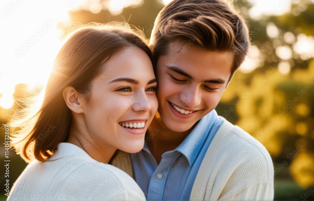 Couple enjoying a joyful moment together in a sunny outdoor setting during golden hour Couple enjoying a joyful moment together in a sunny outdoor setting during golden hour