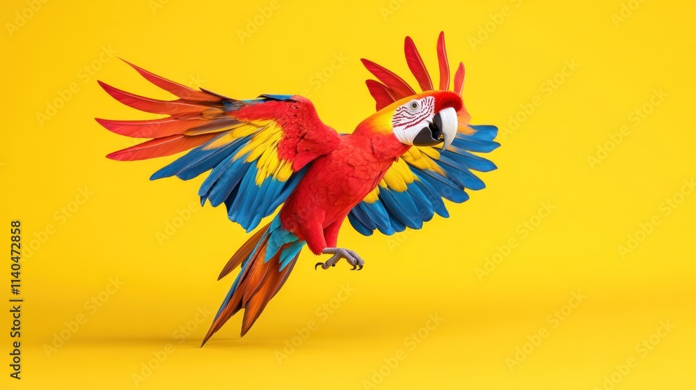 Fototapeta premium A colorful parrot in flight against a bright yellow background.