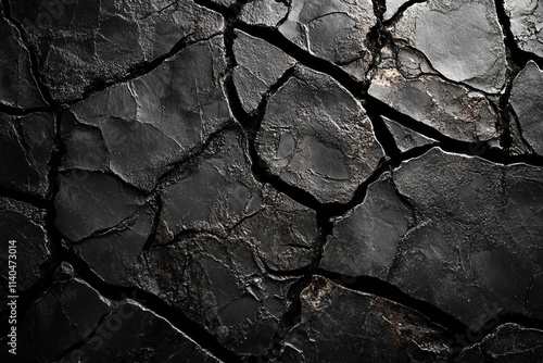 Cracked black surface showing intricate patterns formed by natural drying process photo