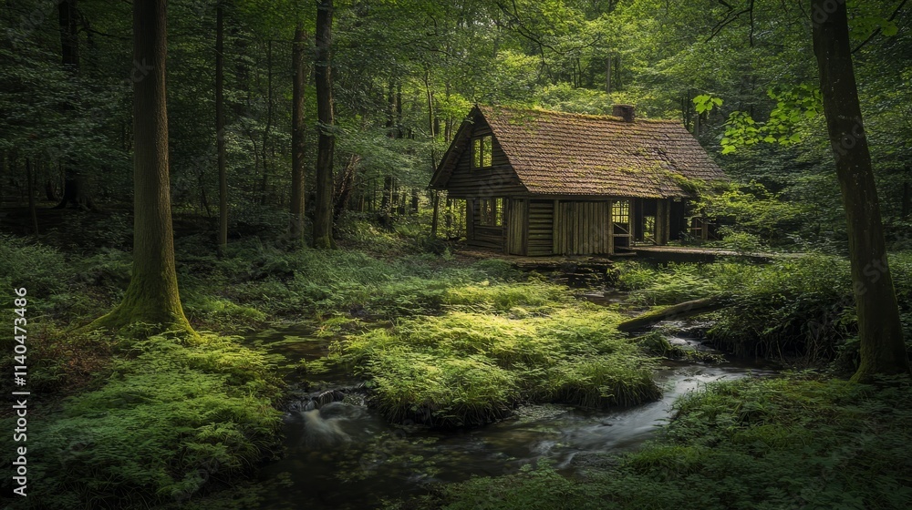 A serene wooden cabin nestled in a lush green forest by a gentle stream. A serene wooden cabin nestled in a lush green forest by a gentle stream.