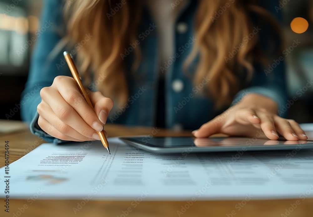Woman filling out a form using a pen and tablet Woman filling out a form using a pen and tablet