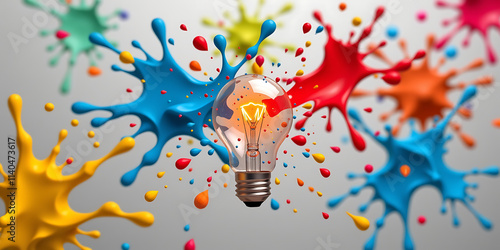 Wallpaper Mural Creative Spark - A lightbulb surrounded by flying colorful paint splashes symbolizing innovation. backdrop background digital art crisp oilpinting minimalist sharp details funny background copyspace Torontodigital.ca