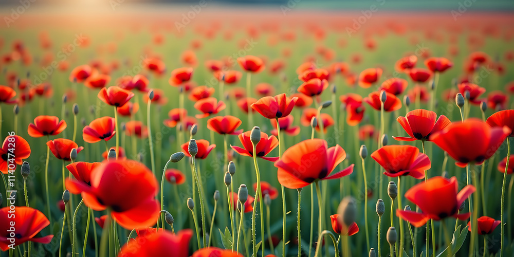 Fototapeta premium Poppy Field Dreamscape - A vast field of red poppies swaying in the wind with soft golden light. backdrop background digital art crisp oilpinting minimalist sharp details funny background copyspace