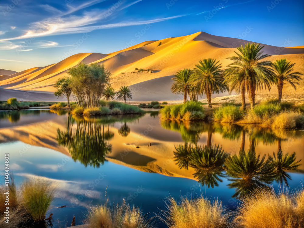 serene oasis nestled between golden dunes, reflected in tranquil pond, surrounded by lush palm trees and vibrant vegetation, creating picturesque desert landscape serene oasis nestled between golden dunes, reflected in tranquil pond, surrounded by lush palm trees and vibrant vegetation, creating picturesque desert landscape