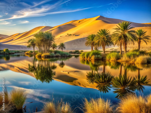 Wallpaper Mural serene oasis nestled between golden dunes, reflected in tranquil pond, surrounded by lush palm trees and vibrant vegetation, creating picturesque desert landscape Torontodigital.ca