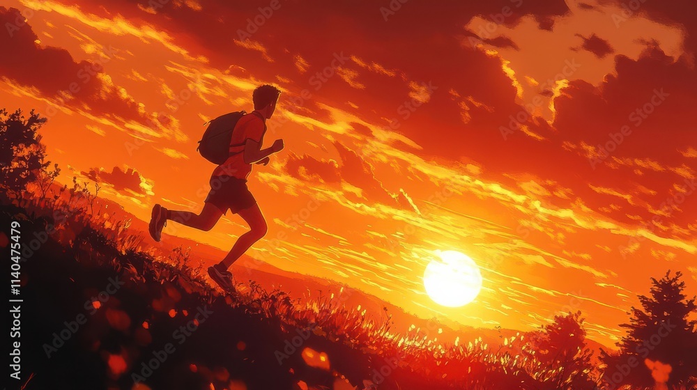 Illustrate a trail runner at sunrises side view Illustrate a trail runner at sunrises side view
