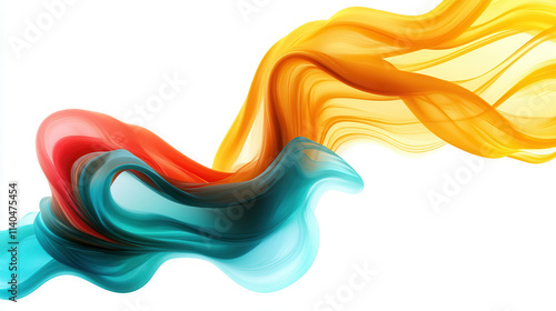 Abstract fluid artwork with swirling patterns, vivid golden yellows, electric teals, and soft coral reds, smooth flowing textures that feel dynamic and energetic against a clear white background. High photo