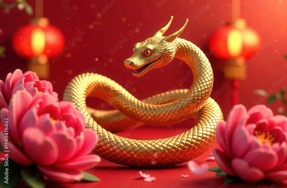 Obraz premium Chinese New Year, Chinese Spring Festival. Golden Chinese snake, spring flowers on red background. Banner with space for text. Year of the snake.