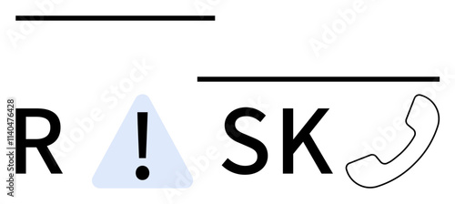 Word RISK with exclamation mark in a triangle representing the letter I and telephone receiver for communication. Ideal for security, alert, communication, phone, danger, vigilance, risk management