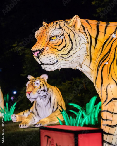 Wallpaper Mural Illuminated tiger lanterns at night, displaying vibrant orange and black stripes against a dark backdrop Torontodigital.ca