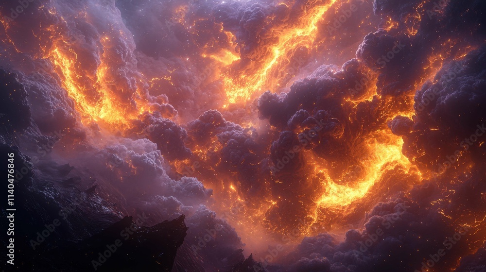 The image depicts a dramatic scene with fiery orange and yellow clouds swirling over a dark landscape, creating an intense and vibrant atmosphere.