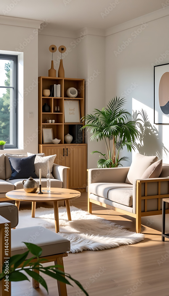 Fototapeta premium Scandinavian-inspired living room with light wood furniture and a faux fur rug. background copyspace