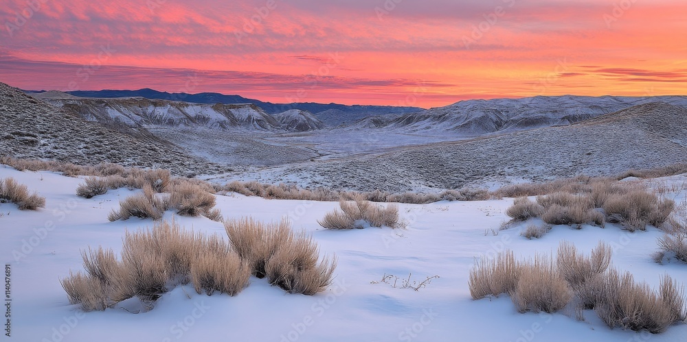 Snow-covered valley at sunset with colorful sky and sparse vegetation. Snow-covered valley at sunset with colorful sky and sparse vegetation.