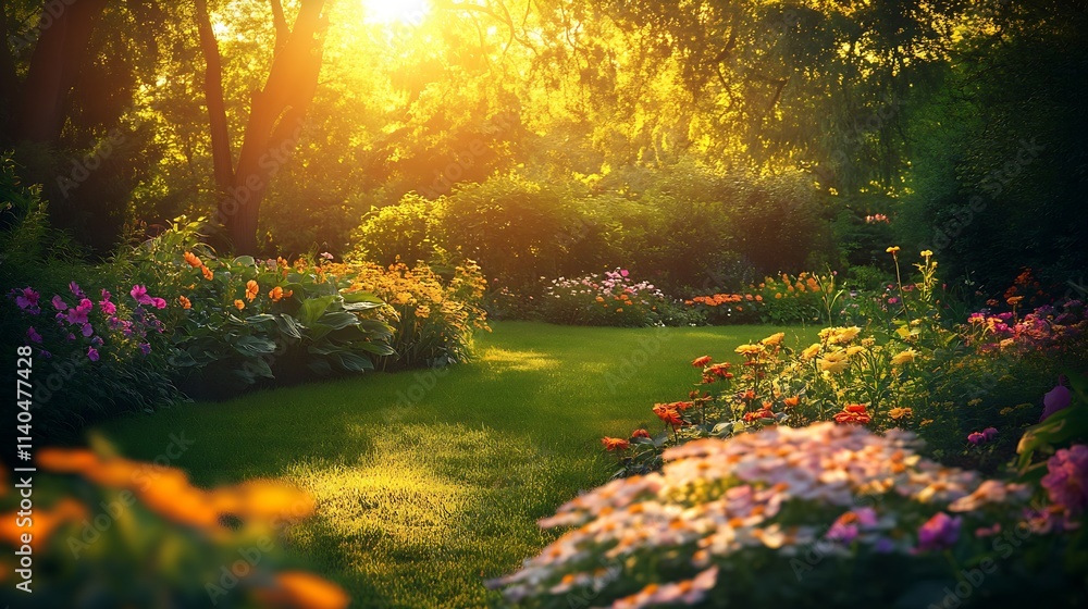 Serene Garden Path in Lush Surroundings with Sunrays Highlighting Blooming Flora : Generative AI Serene Garden Path in Lush Surroundings with Sunrays Highlighting Blooming Flora : Generative AI