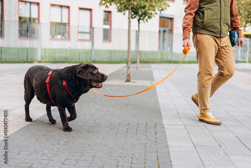 Portrait of man owner leads a beautiful black dog on a leash on the street walking together outdoors