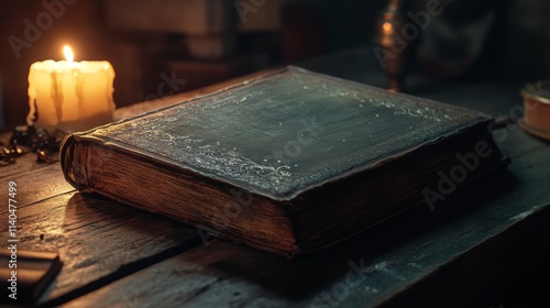 old book on a table next to a candle photo