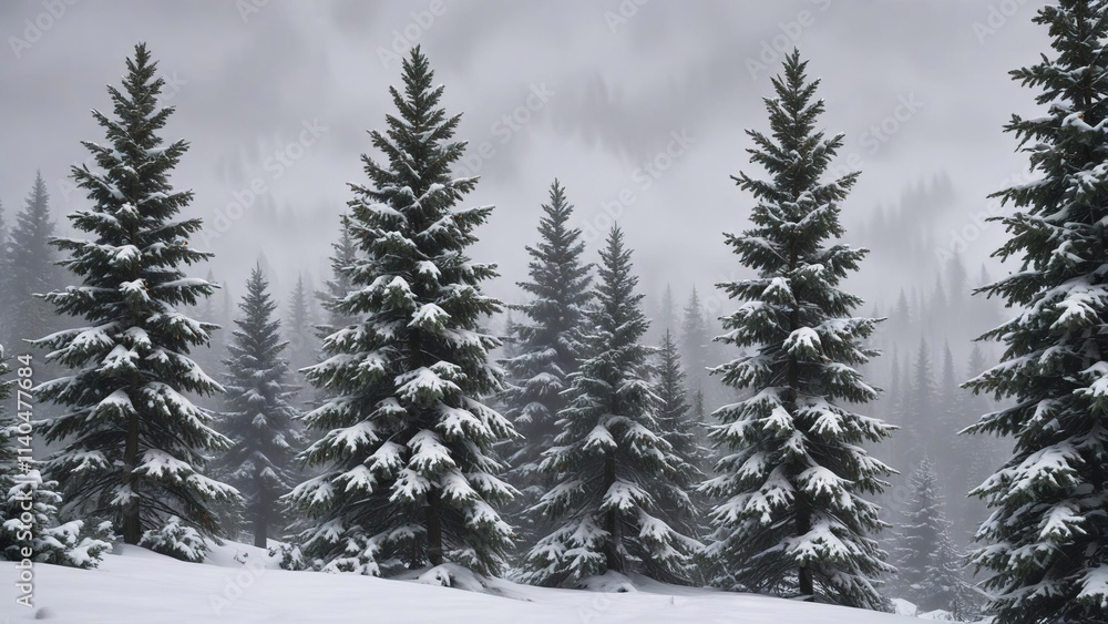Snow-covered evergreen trees against a grey sky, wintery, evergreen, snow Snow-covered evergreen trees against a grey sky, wintery, evergreen, snow