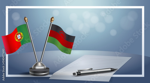 Portugal and Malawi National flags on small table with bokeh background, cooperative relationship