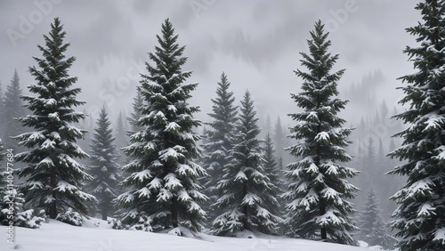 Snow-covered evergreen trees against a grey sky, wintery, evergreen, snow