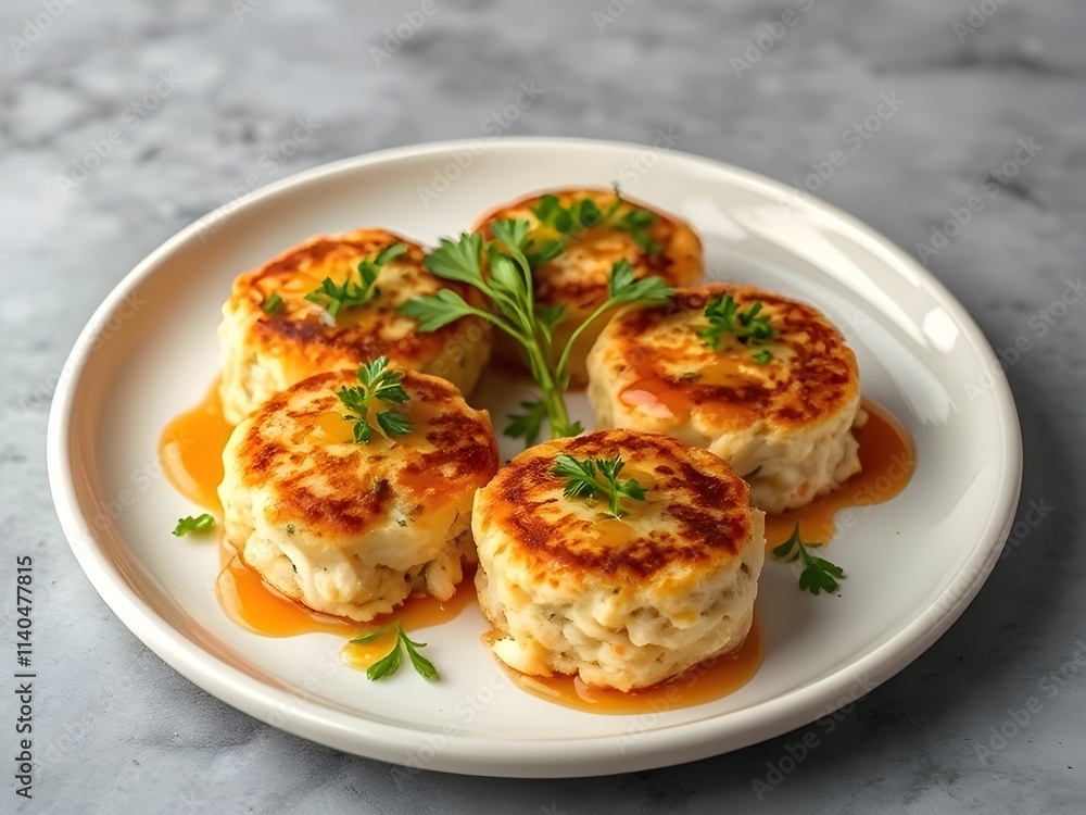 Plated gourmet crab cakes garnished with fresh herbs and a drizzle of sauce Plated gourmet crab cakes garnished with fresh herbs and a drizzle of sauce