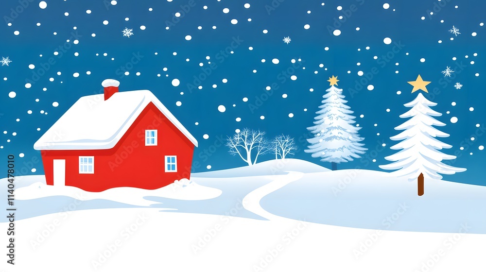 Fototapeta premium Flat vector illustration of a winter landscape with snow-covered pine trees and a house, simple shapes