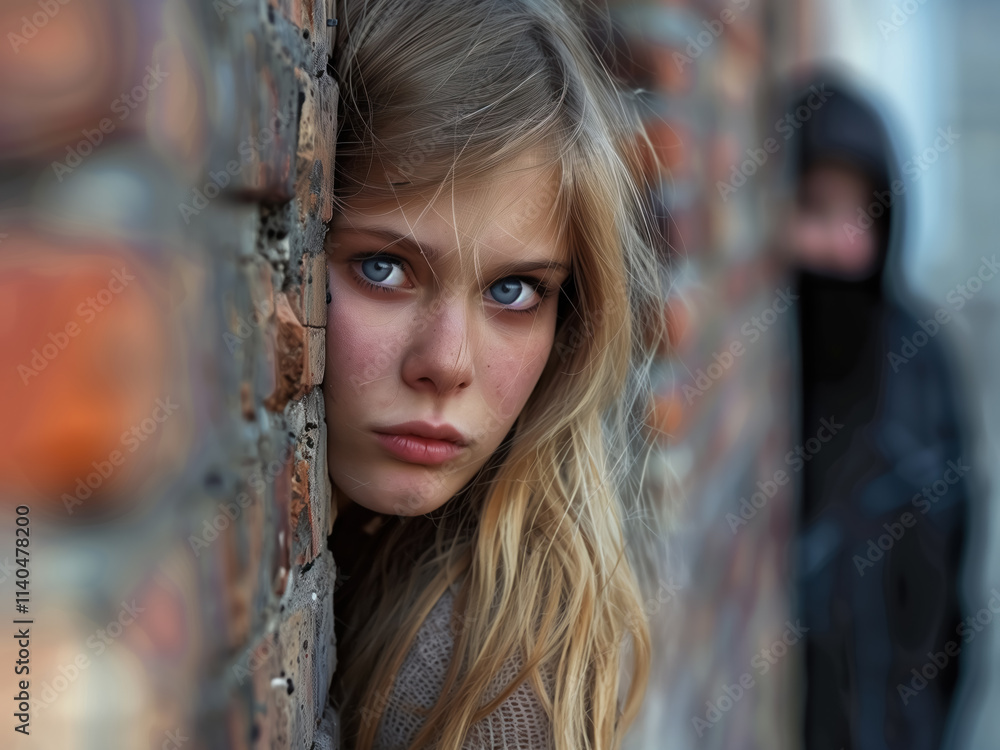 Obraz premium Generated image of a scared blonde girl hiding behind a brick wall, a criminal attacker sneaking from distance