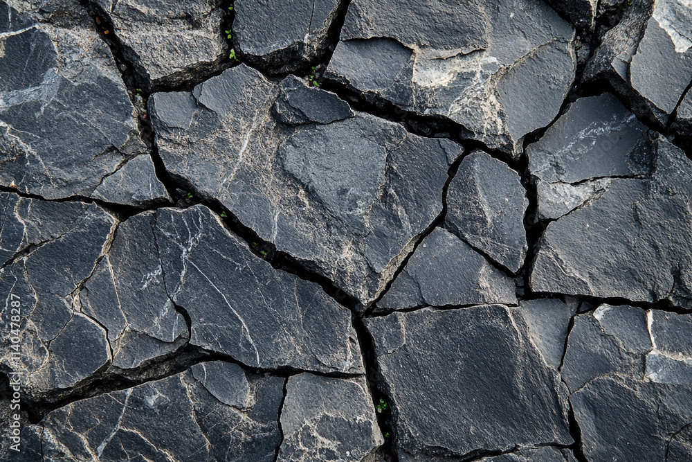 Fototapeta premium Cracked black stone surface revealing natural patterns in a dry landscape