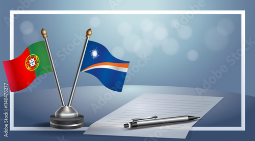 Portugal and Marshall Islands National flags on small table with bokeh background, cooperative relationship